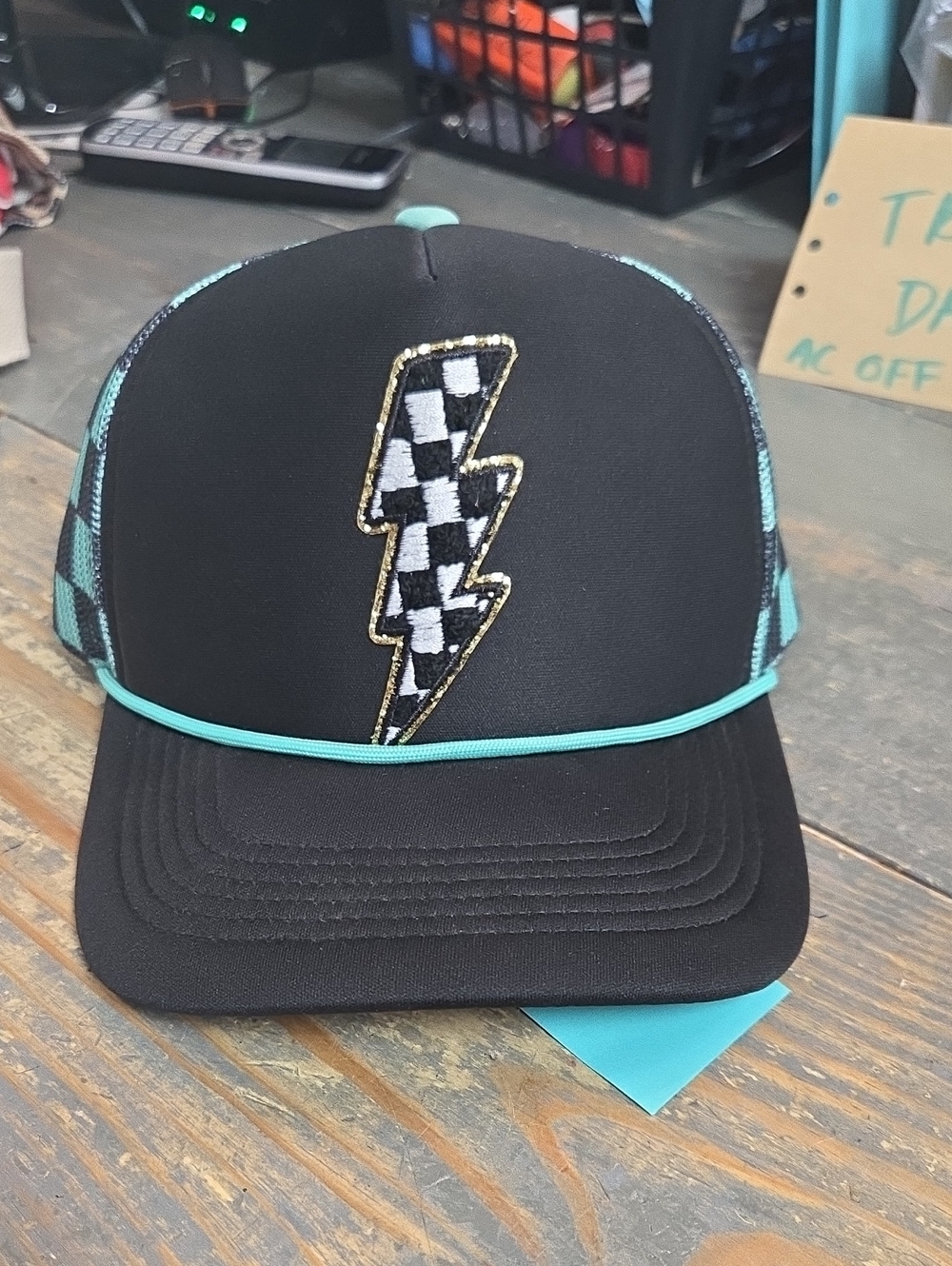 Black and Teal Lightning Bolt Trucker Hat Checkerboard